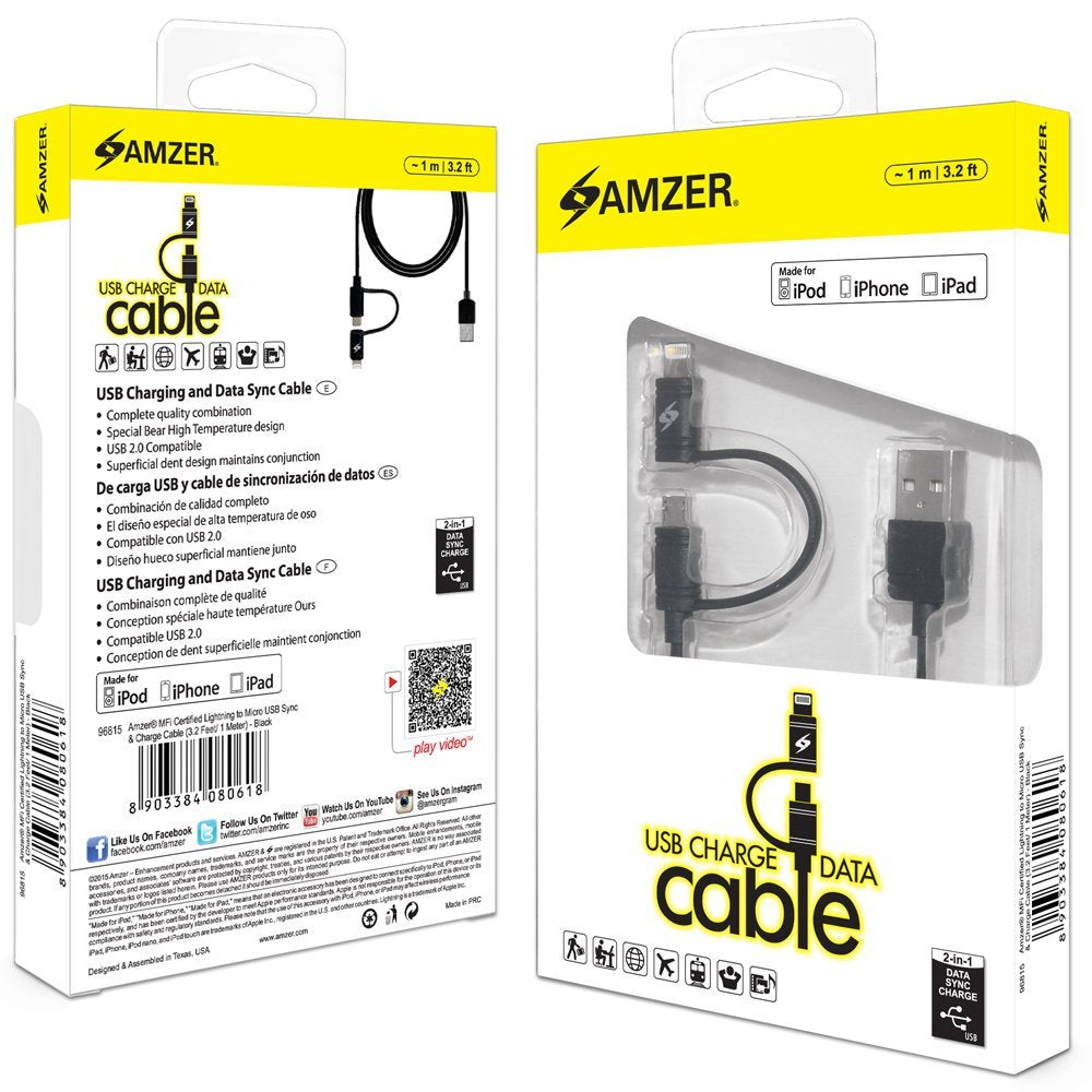 Amzer MFi Certified Lightning to Micro USB Sync and Charge Cable (3.2-Feet/1-Meter) - Black - Data Cable - Retail Packaging - Black