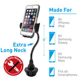 Macally Car Cup Holder Phone Mount with A Flexible Extra Long 8" Neck for iPhone XS Max XR X 8 7 Plus 6 5S SE, Samsung S10 S10E S9 Plus S8, Motorola Moto, Google Pixel XL 3 (MCUP2XL)