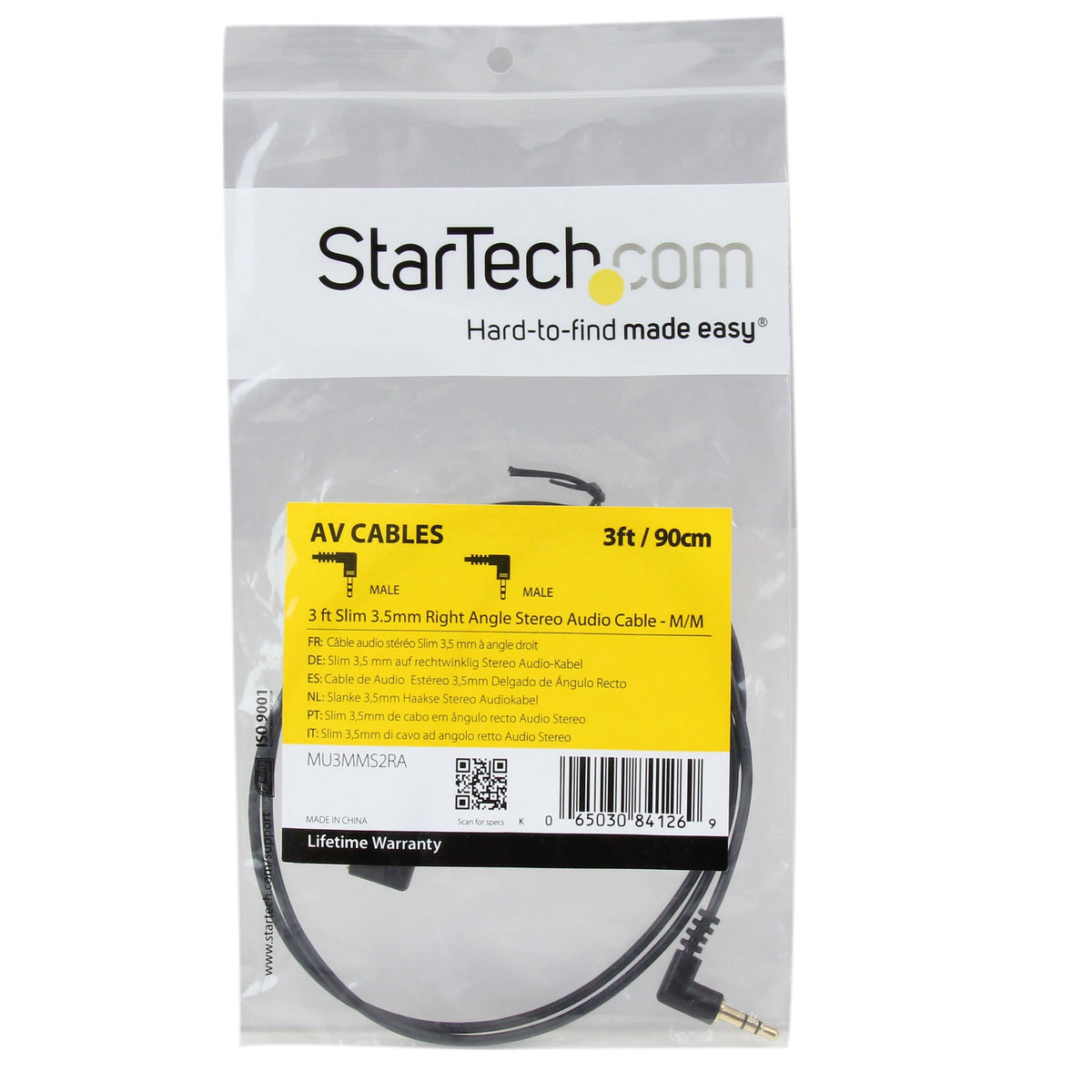 STARTECH MU3MMS2RA Slim 3.5mm 3 feet Right Angle Stereo Audio Cable - M/M