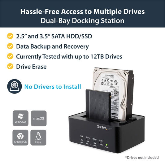 StarTech.com Dual Bay USB 3.0 Duplicator and Eraser Dock for 2.5" & 3.5" SATA SSD HDD - 1:1 Standalone Cloner & Wiper Docking Station (SATDOCK2REU3)