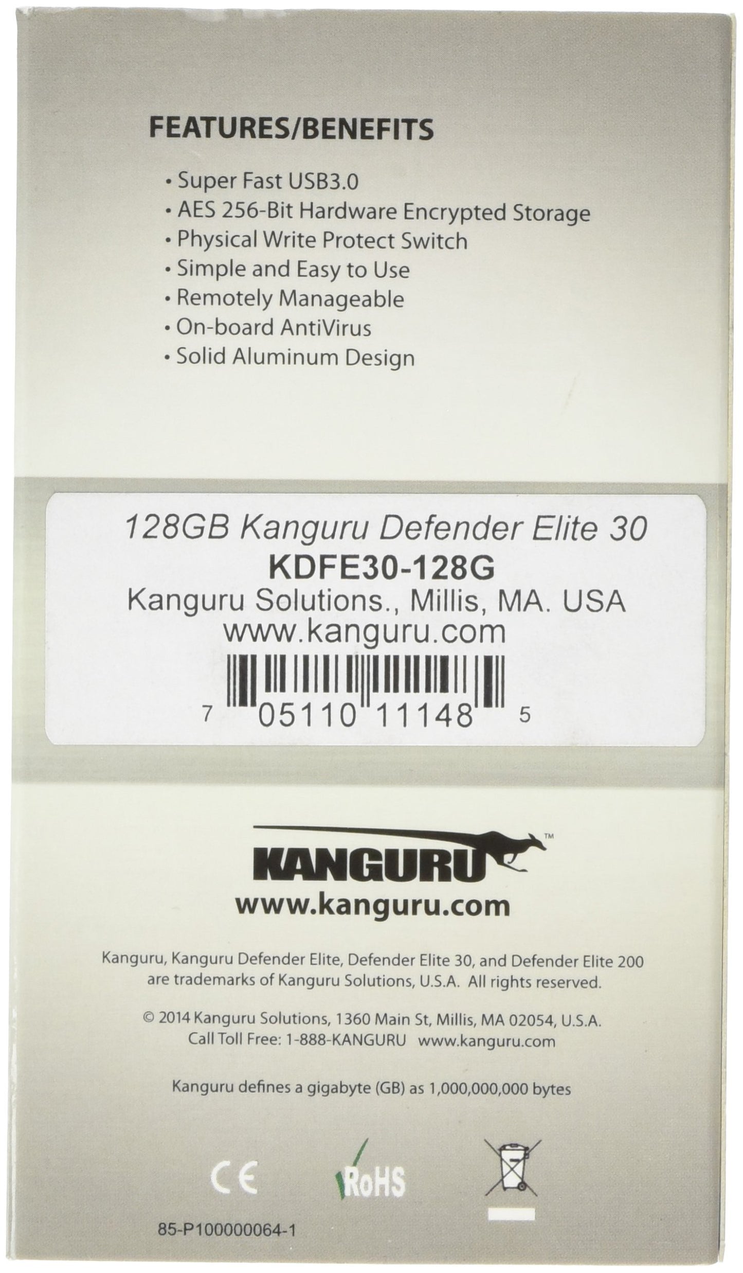 Kanguru Defender Elite30, Hardware Encrypted, Secure, SuperSpeed USB 3.0 Flash Drive, 128G