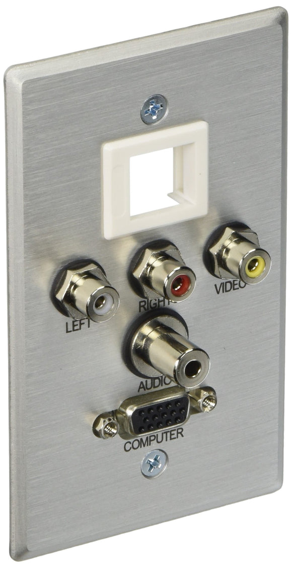 C2G 40541 VGA, 3.5mm Audio, Composite Video and RCA Stereo Audio Pass Through Single Gang Wall Plate with One Keystone, Brushed Aluminum