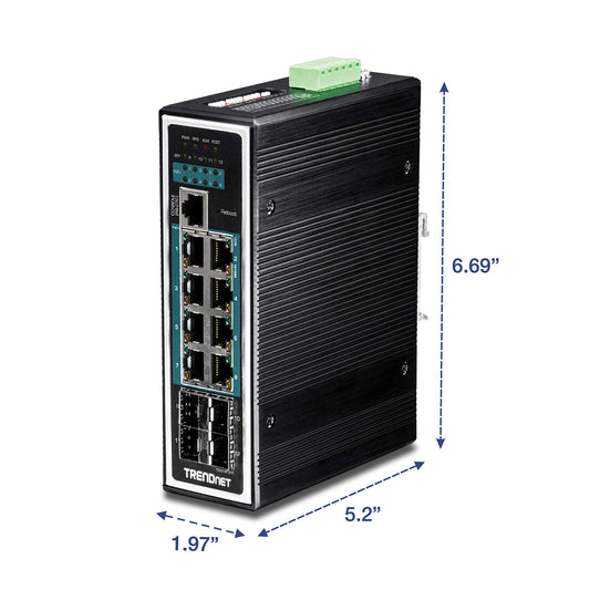 TRENDnet 12-Port Hardened Industrial Gigabit PoE+ Layer 2+ Managed DIN-Rail Switch, TI-PG1284i, 240 W Power Budget, Hardened IP30 Network Ethernet Gigabit PoE+ Switch, Lifetime Protection