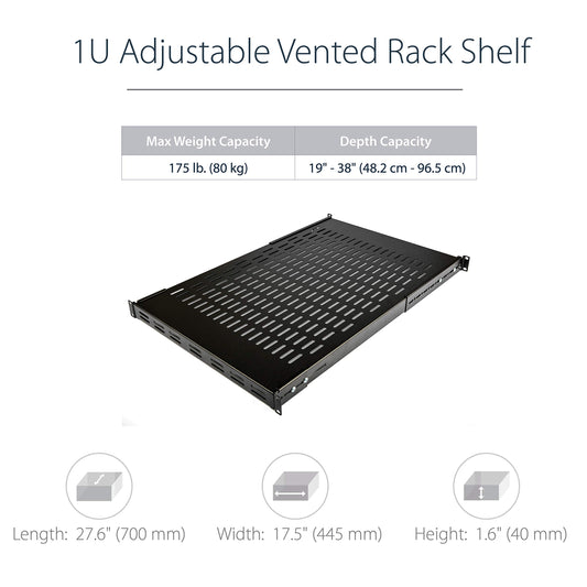StarTech.com 1U Adjustable Vented Server Rack Mount Shelf - 175lbs - 19.5 to 38in Deep Universal Tray for 19" AV/Network Equipment Rack (ADJSHELF)