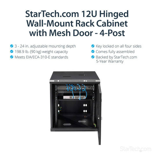 StarTech.com 12U Wall Mount Server Rack Cabinet - 4-Post Adjustable Depth (2.4" to 23.8") Network Equipment Enclosure w/ Cable Management 200lb/90kg (RK1232WALHM)