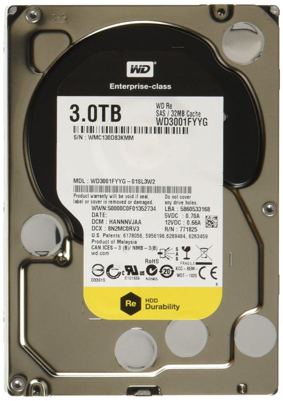 WD RE SAS 3 TB Enterprise Hard Drive: 3.5 Inch, 7200 RPM, SAS, 32 MB Cache - WD3001FYYG