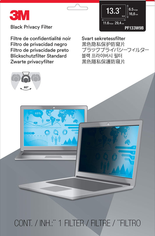 3M Laptop Screen Privacy Filter for 13.3 inch Monitors - Black - Widescreen 16:9 - PF133W9B