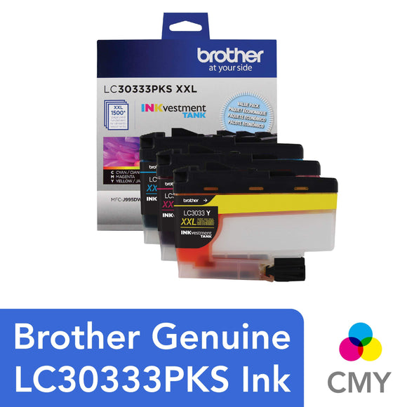 Brother Genuine LC30333PKS 3-Pack, Super High-Yield Color INKvestment Tank Ink Cartridges; Includes 1 Cartridge Each of Cyan, Magenta & Yellow, Page Yield Up to 1,500 Pages/Cartridge, LC3033