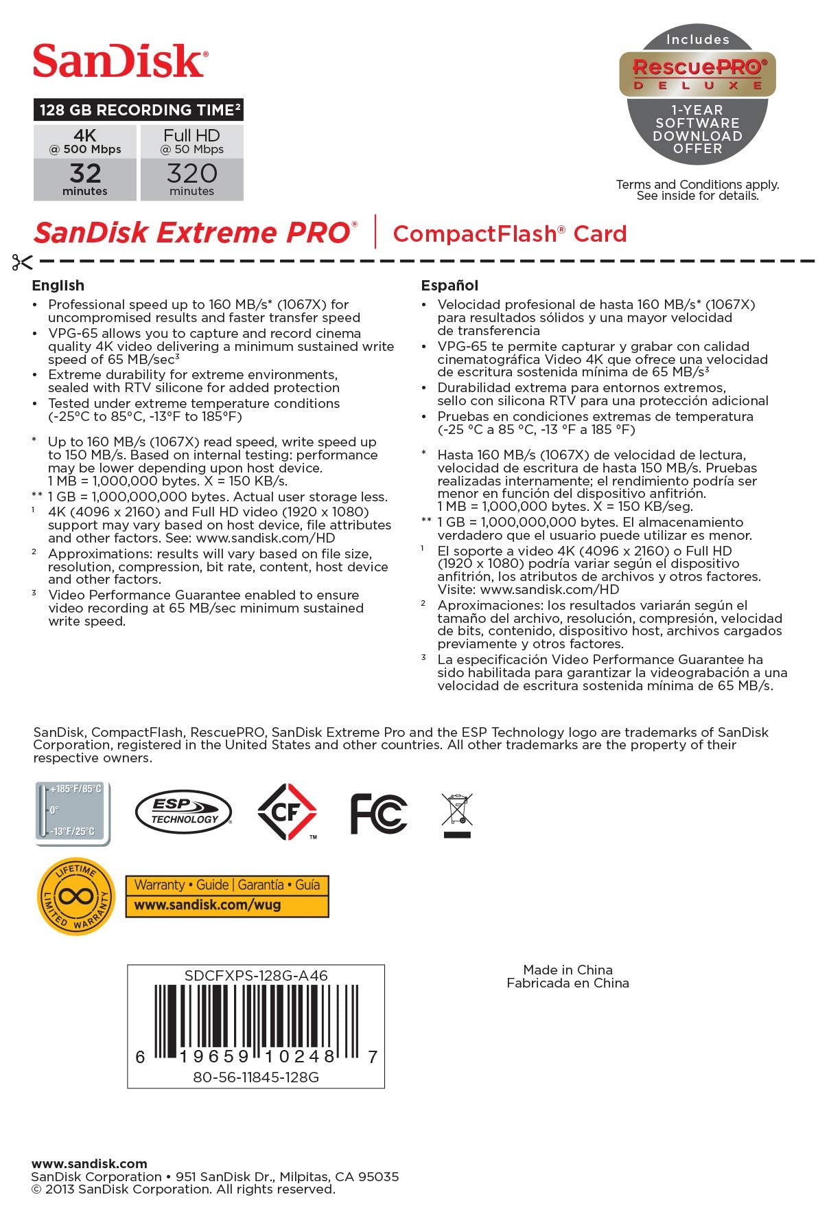 SanDisk Extreme PRO 128GB CompactFlash Memory Card UDMA 7 Speed Up to 160MB/s- SDCFXPS-128G-X46