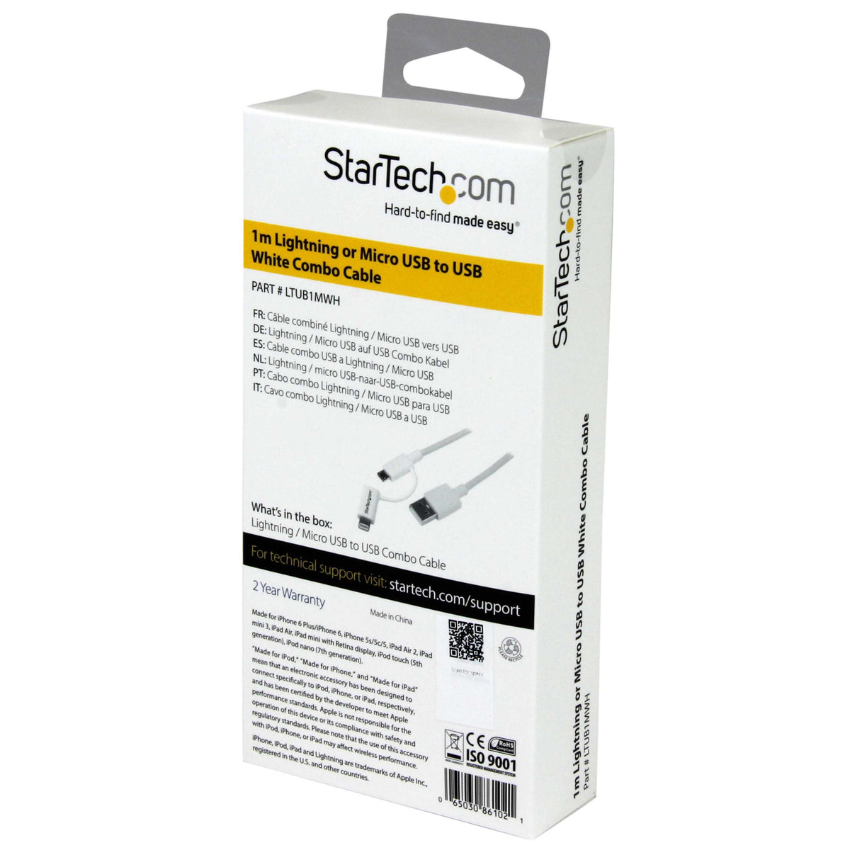 STARTECH 3' Apple Lightning or Micro USB to USB Cable for iPhone/iPod/iPad, White (LTUB1MWH)