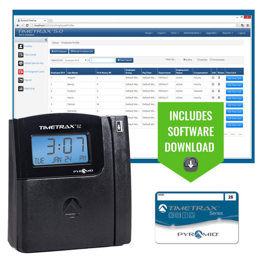 Pyramid TTEZ TimeTrax Automated Swipe Card Time Clock System with Software Download, USB Connect - Made in USA