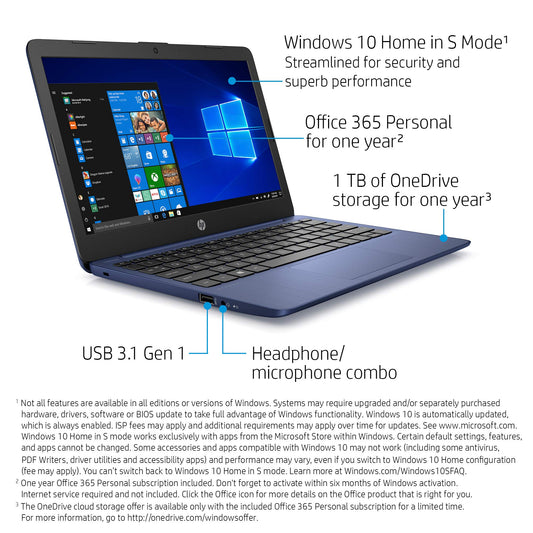 HP Stream 11-Inch Laptop, Intel X5-E8000 Processor, 4 GB RAM, 32 GB eMMC, Windows 10 Home in S Mode with Office 365 Personal and 1 TB Onedrive Storage for One Year (11-ak1010nr, Royal Blue)