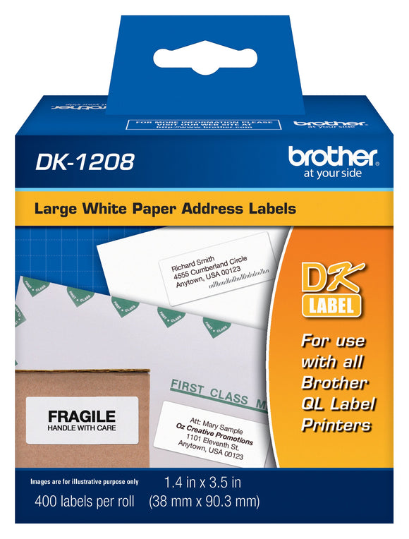 Brother DK-1208 Large Address Paper Label Roll (1.5x3.5400-Count) - Retail Packaging