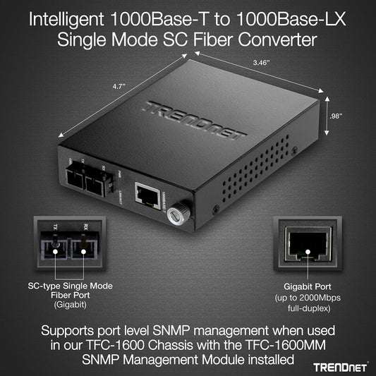 TRENDnet Intelligent 1000Base-T to 1000Base-LX/SX Single Mode SC Fiber Media Converter (20KM, 12.4Miles), Fiber to Ethernet Converter, SC Type Fiber Port, RJ-45,Lifetime Protection, TFC-1000S20