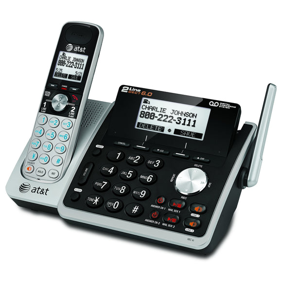 ATT 2-Line Cordless DECT 6.0 phone with DIB and Handset Caller IDs, ITAD, Speakerphones, Black and Silver (TL88102)
