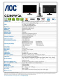 AOC G2260VWQ6 21.5" Gaming Monitor FHD 1920x1080, 1ms, Freesync 75Hz, Anti-Blue Light, Flickerfree, DisplayPort/HDMI/VGA, Vesa