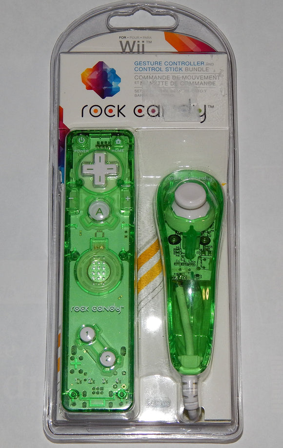ROCK CANDY Nintendo Wii WiiU Gesture Remote Controller and Nunchuk Control Stick Bundle in Neon Green