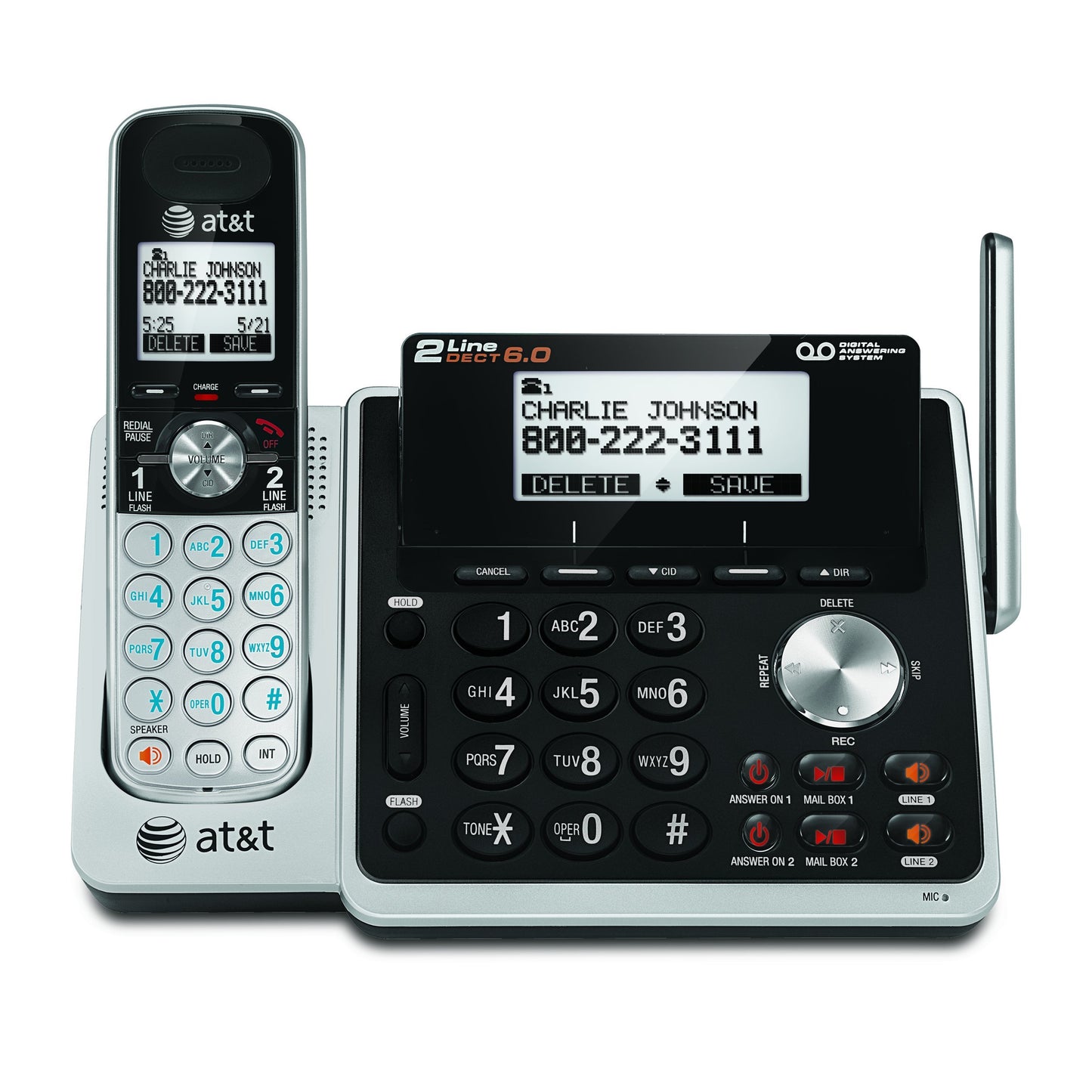 ATT 2-Line Cordless DECT 6.0 phone with DIB and Handset Caller IDs, ITAD, Speakerphones, Black and Silver (TL88102)