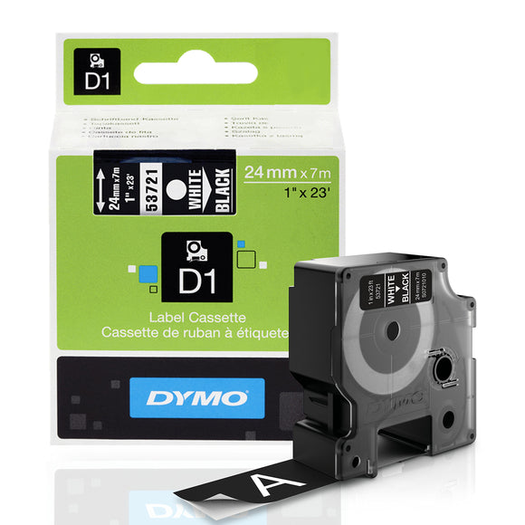 DYMO Standard D1 Labeling Tape for LabelManager Label Makers, White print on Black tape, 1'' W x 23' L, 1 cartridge (53721)