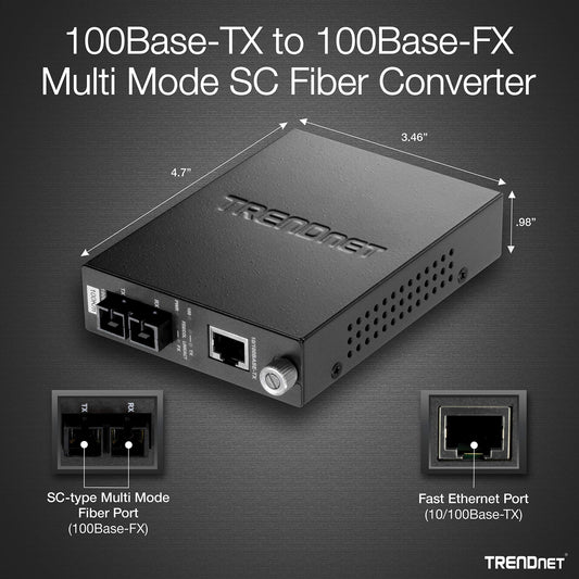 TRENDnet TFC-110S100 100Base-TX to 100Base-FX Single Mode SC Fiber Converter, 100 Km, 62.1 Miles (Black)