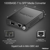 TRENDnet 100/1000Base-T to SFP Fiber Media Converter, Fiber to Ethernet Converter, RJ-45,Multi(SX) or Single-Mode(LX) 100Base-FX/1000Base-SX/LX Mini-GBIC Slot, Lifetime Protection, TFC-1000MGA