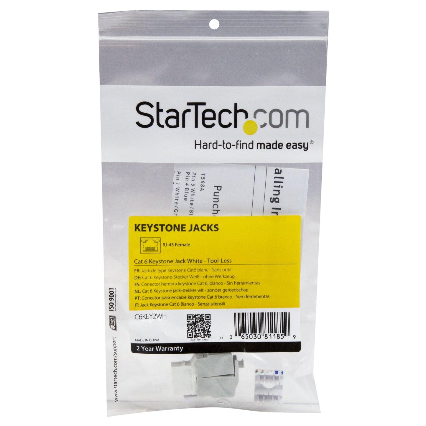 StarTech.com C6KEY2WH Cat 6 Keystone Jack, Tool-Less (White)