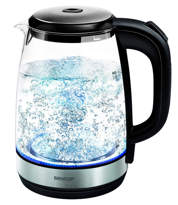 Sencor SWK2080BK 2L Electric Glass Kettle with Internal LED Light and Power Cord Base, Glass