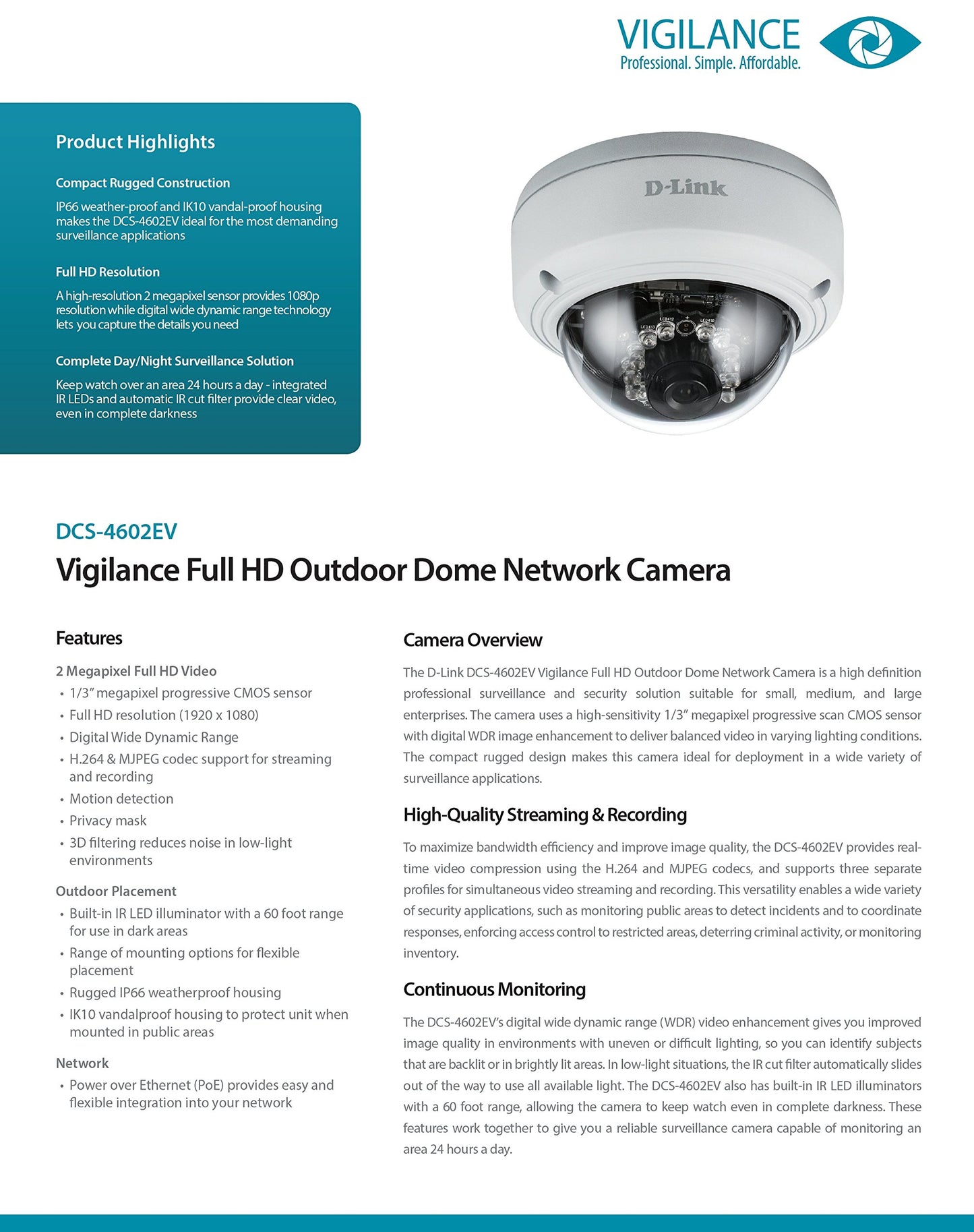 D-Link Vigilance Full-HD Dome Camera, White/Black (DCS-4602EV)