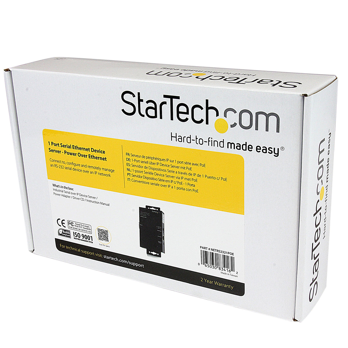 StarTech.com 1 Port RS232 Serial Ethernet Device Server - PoE Power Over Ethernet - Serial Over IP Device Server Adapter - PoE-Powered (NETRS2321POE)