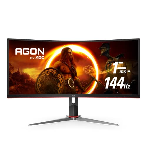 AOC CU34G2X 34" CURVED FRAMELESS IMMERSIVE GAMING MONITOR, ULTRAWIDE QHD 3440X1440, VA PANEL, 1MS 144HZ ADAPTIVE-SYNC, HEIGHT ADJUSTABLE, 3-YR ZERO DEAD PIXELS, BLACK/RED (Like New)