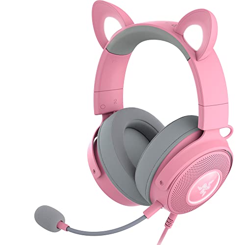 Razer Kraken Kitty V2 Pro Wired RGB Headset: Interchangeable Ears (Kitty, Bear, Bunny) - Stream Reactive Lighting - Detachable HyperClear Cardioid Mic - 50mm Drivers - 7.1 Surround Sound - Quartz Pink (Like New)