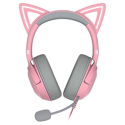 Razer Kraken Kitty V2 Wired RGB Headset: Interchangeable Ears (Kitty, Bear, Bunny) - Stream Reactive Lighting - Detachable HyperClear Cardioid Mic - 50mm Drivers - 7.1 Surround Sound - Quartz Pink (Like New)