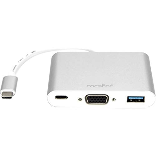 Rocstor Y10A175-S1 Premium USB-C to VGA Multiport Adapter - USB-C to VGA/USB-C (3.1)/USB 3.0 for Audio/Video Device - 1 x USB-C Male to 1 x VGA Female Digital Audio/Video, Metal Silver