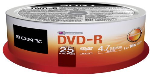 Sony 25DMR47SP 16x DVD-R 4.7GB Recordable DVD Media - 25 Pack Spindle