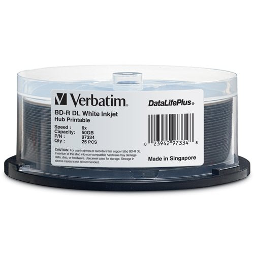 Verbatim BD-R DL 50GB 6X DataLifePlus White Inkjet Printable, Hub Printable - 25pk Spindle 97334
