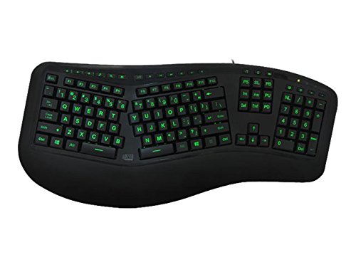 Adesso AKB-150EB - 3-Color Illuminated Backlit Large Print Ergonomic Keyboard, Wired, Multimedia Hotkeys, Split Keys Design, Built-in Palm Rest for Comfort - Compatible for PC & Windows XP/7/8/10