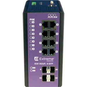 Extreme Networks ExtremeSwitching Industrial Ethernet Switches ISW 8GBP,4-SFP - Switch - managed - 8 x 10/100/1000 (PoE+) + 4 x SFP - DIN rail mountable, wall-mountable - PoE+ (240 W) - DC power