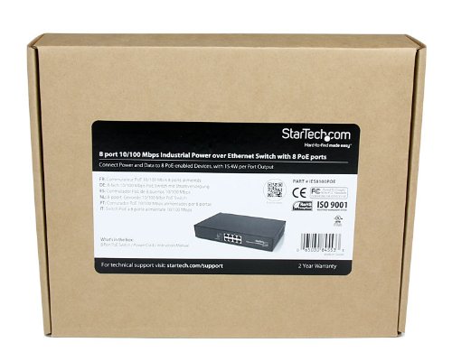 StarTech.com IES8100POE 8 Port 10/100 PSE Industrial Power Over Ethernet Switch, All 8 Ports PoE (Black)