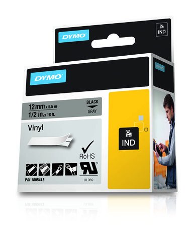 Dymo Rhino Tape Vinyl Label Cassette, 1/2-Inch 12mm, Gray (1805413)
