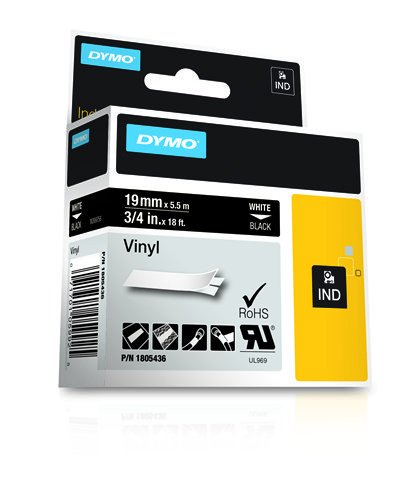Dymo Rhino Tape, 3/4-Inch, 19mm Vinyl Label Cassette, Black (1805436)