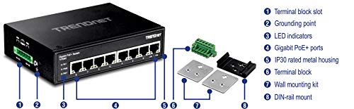 TRENDnet 8-Port Hardened Industrial Unmanaged Gigabit PoE+ DIN-Rail Switch, 200W Full PoE+ Power Budget, 16 Gbps Switching Capacity, Lifetime Protection, TI-PG80