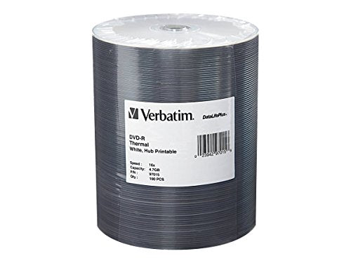 Verbatim 4.7GB up to 16x DataLifePlus White Thermal Hub Printable Recordable Disc DVD-R (100-Disc Spindle Tape Wrap) 97015