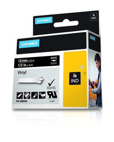 Dymo Rhino Tape Vinyl Label Cassette, 1/2-Inch12mm, Black (1805435)