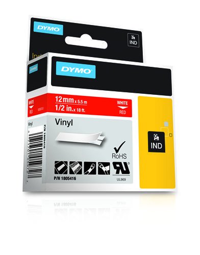 Dymo Rhino 1/2IN Red Vinyl Label Cassette, 12mm (1805416)