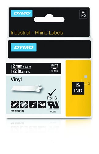 Dymo Rhino Tape Vinyl Label Cassette, 1/2-Inch12mm, Black (1805435)