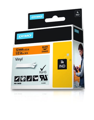 DYMO Industrial Labels for DYMO Industrial Rhino Label Makers, Black on Orange, 1/2", 1 Roll (18435), DYMO Authentic