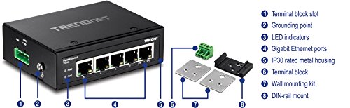 TRENDnet 5-Port Hardened Industrial Gigabit DIN-Rail Switch,TI-G50, 10 Gbps Switching Capacity, IP30 Rated Gigabit Network Switch (-40 to 167 ºF), DIN-Rail & Wall Mounts Included, Lifetime Protection