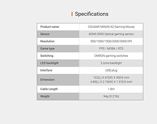 Cougar MINOS X2 Wired USB Optical Gaming Mouse with 3000 DPI- Backlight Zones