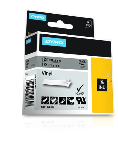 Dymo Rhino Tape Vinyl Label Cassette, 1/2-Inch 12mm, Gray (1805413)