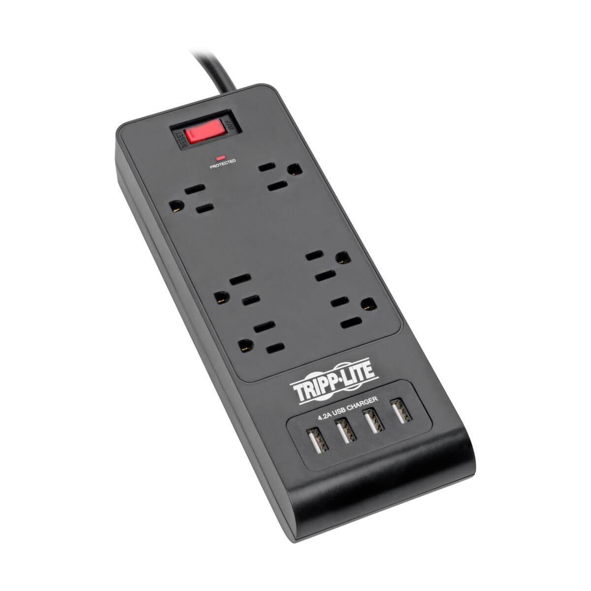 Y417U Tripp Lite 6 Outlet Surge Protector Power Strip with 4 USB Ports (4.2A Shared), 900 Joules, Black, 6 Ft. (TLP664USBB)